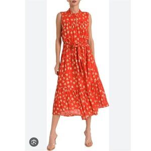 NWT CIEBON Metallic Tara Star Pattern Belted Sleeveless Chiffon Midi Dress